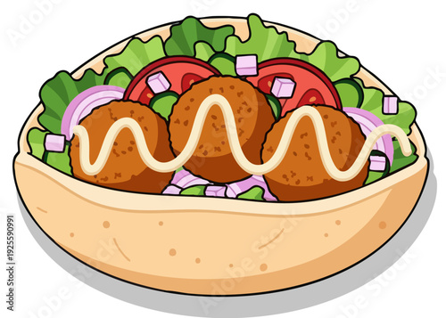 Falafel sandwich with lettuce, tomato, and sauce.