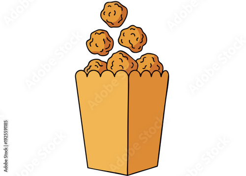 Illustration of a box of popcorn with kernels spilling out.