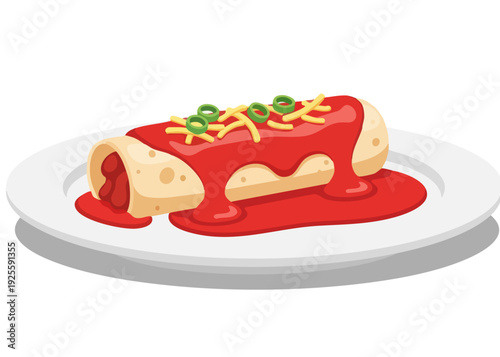 Delicious Enchiladas with Red Sauce and Garnish on White Plate.