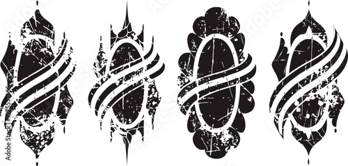 grunge ornamental motifs set with twisted ribbons and vintage decorative elements in black and white