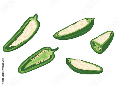 Illustration of green jalapeno peppers cut in half.