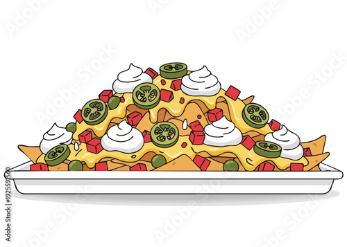 A vibrant cartoon illustration of a platter of nachos topped with cheese, jalapenos, sour cream, and tomatoes.