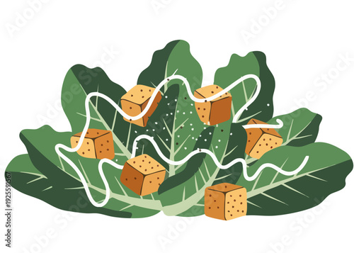 Illustration of croutons on a bed of green leaves.