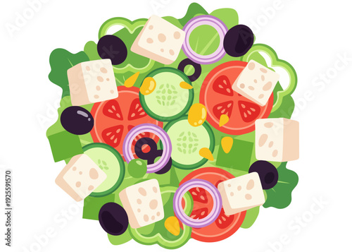 Fresh Greek salad with tomatoes, cucumbers, olives, and feta cheese.