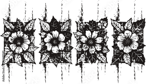 Vintage floral wood block prints with distressed texture and leafy flower designs