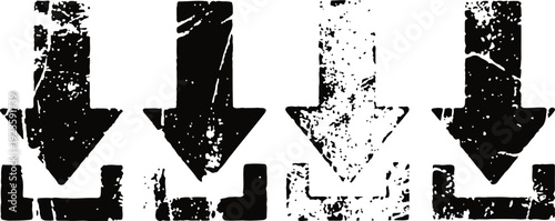Grunge black download arrows set with distressed texture and downward pointing symbols