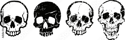 Four black and white human skull illustrations in different artistic styles on a white background
