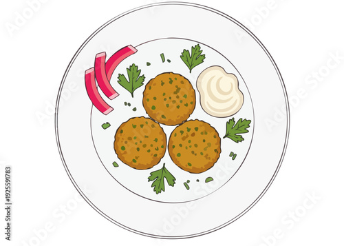 Delicious Falafel Dish with Radish and Parsley Garnish.