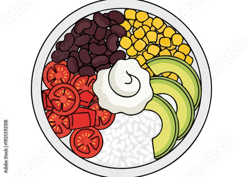 Mexican rice bowl with beans, corn, tomatoes, avocado, and sour cream.