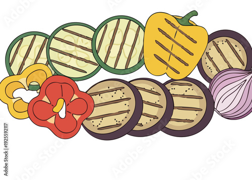 Grilled vegetables and mushrooms on a white background.