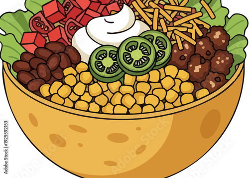 Vibrant Mexican inspired burrito bowl with fresh ingredients.