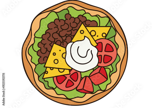 Mexican taco with beef, cheese, tomatoes, and sour cream.