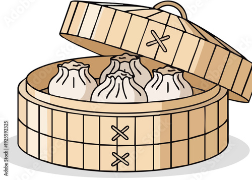 Steamed dumplings in a bamboo steamer basket, Asian cuisine, traditional food, dim sum, Chinese cooking, steamed buns.