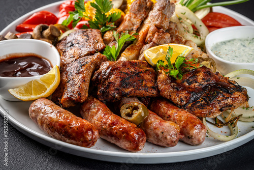 Mixed grilled meat platter with sauces