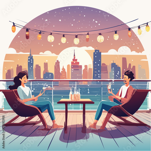 Urban Serenity Young Couple Relaxes on Rooftop Terrace with Drinks, Admiring Sunset City Views