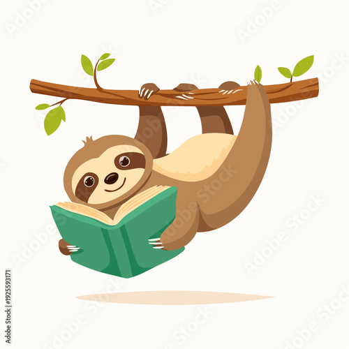 Charming Cartoon Sloth Engaged in Relaxed Reading While Hanging Upside Down from a Tree Branch