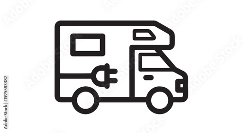 Simple black line art vector graphic icon depicting an electric recreational vehicle needing a charge