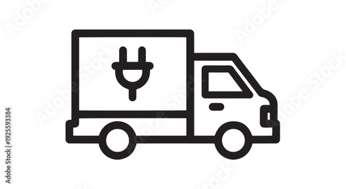 Simple black line vector graphic illustration of an electric delivery truck with a charging plug symbol