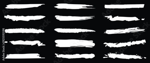 “White Brush Stroke & Marker Texture Set – Hand-Drawn Paint, Ink, Crayon, and Chalk Underlines for Accents on Black Background”