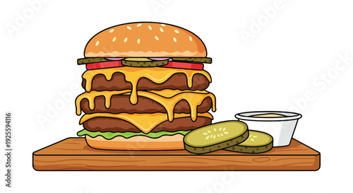 Illustration of a large cheeseburger with melted cheese and pickles on a wooden board against a white background.