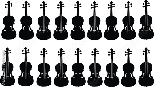 Black and white vector illustration set featuring multiple rows of violin silhouettes for music education classical performance and artistic designs.