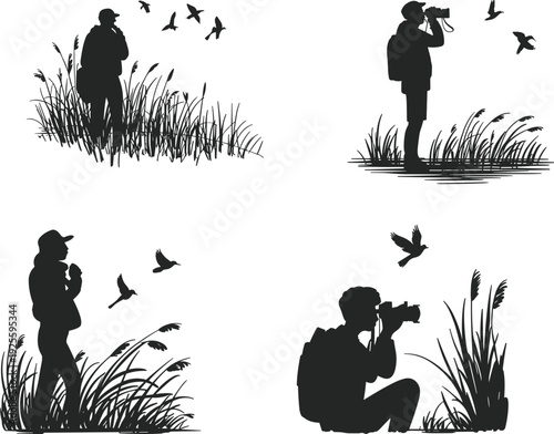 Black Silhouette Set Of Birdwatchers And Wildlife Photographers Featuring People With Binoculars And Cameras In Nature For Graphic Design And Outdoor Illustration
