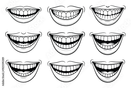 A Collection of Diverse Smiles and Grins in Black and White Line