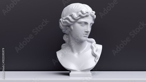 Aphrodite statue bust in a museum display, Venus marble sculpture against a dark wall, 3D