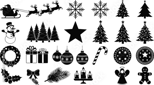 Black and white vector illustration set of Christmas icons featuring Santa sleigh reindeer snowman pine trees wreath and festive decorations.