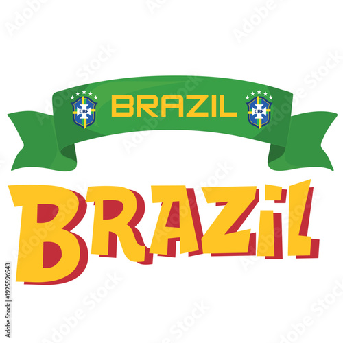 Brazil national football team fan banner and typography illustration  on green ribbon, Brazilian soccer support graphic isolated on white for sports events.