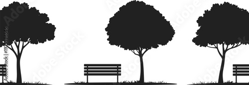 Black Silhouette Set Of Three Park Trees And Wooden Benches Featuring Minimalist Nature Illustrations For Landscape Design Graphic Elements And Decorative Decals