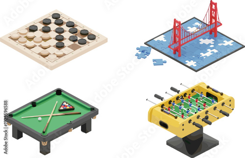 Indoor games illustration, checkers board design, jigsaw puzzle artwork, billiards pool table vector, foosball soccer game, entertainment recreation concept
