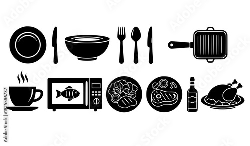Solid Black Tableware and Food Icon Set – Plate Bowl Cutlery Kitchen Appliance Vector