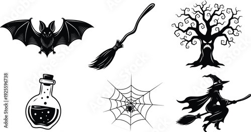 Black and white vector illustration set of Halloween icons featuring bat broom spooky tree potion bottle spider web and witch.