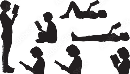 People reading set with different poses and black silhouettes on white background featuring relaxed, leisure, activity with individuals and various positions elements for illustrations, graphic