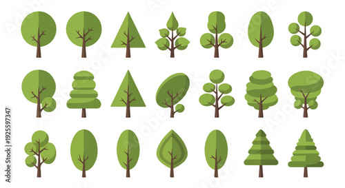 Collection of various green tree icons in different shapes and sizes on a white background.
