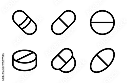 Pills and Tablets icon set, clean pharmaceutical and medicine icons for healthcare, pharmacy, and wellness