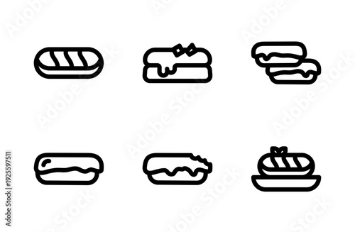 Delicious Eclairs icon set, sweet pastry and dessert icons for bakery, cafes, and confectionery