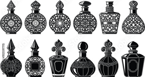 Black and white vector illustration set of elegant perfume bottles featuring intricate filigree patterns ornate caps and classic glass silhouettes.