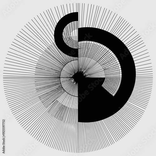 Abstract Circular Geometric Pattern, Radial Lines and Black Shapes on Gray Background