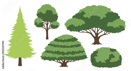 Illustration of various green trees and bushes on a white background in a flat lay composition with a natural and serene mood.