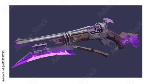 Create a high-impact vector artwork of an M1887 shotgun customized with a dark purple reaper-inspired skin. Include spectral smoke, shadowy skull graphics, glowing rune patterns, and eerie violet ligh