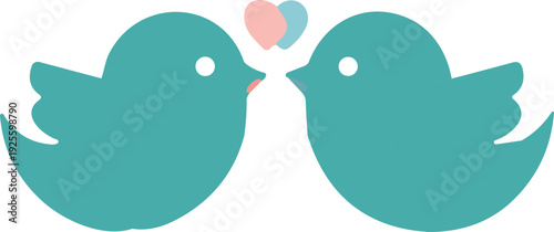 Love birds illustration, teal cartoon birds, romantic couple design, heart symbol art, cute animal drawing, minimalistic affection concept, companionship graphic