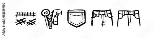 Hand Drawn Clothing Details and Apparel Accessories Icons Set with Stitching, Button, Pocket, and Jeans