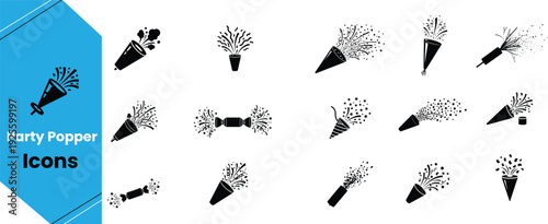 Party popper icons set for celebrations and events