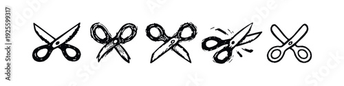 Dynamic Hand-Drawn Scissors Icon Set with Zigzag Blades and Motion Effects