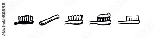 Hand-Drawn Toothbrush Icons, Including One with Toothpaste, in Various Sketch Styles