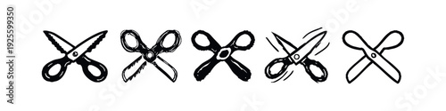 Hand-Drawn Scissors Icon Set with Zigzag Blades and Dynamic Cutting Motion