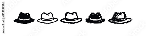 Collection of hand-drawn and pixel art fedora hats in various black and white styles, isolated on white.