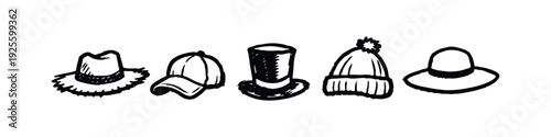 Hand-drawn collection of hats: fedora, baseball cap, top hat, pom-pom beanie, and sun hat, isolated.